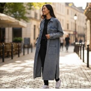 Free People Anna Lou Denim Duster Long Distressed Jean Jacket XS Boho Longline